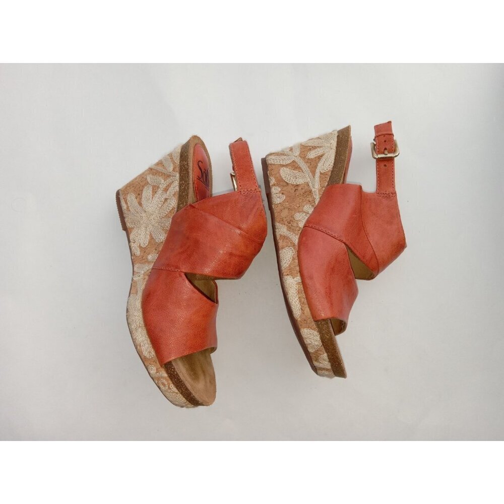 Sofft Corrina Latte Orange Red Embroidered Flowers Cork Wedge Sandals Size 6.5M - Picture 12 of 14